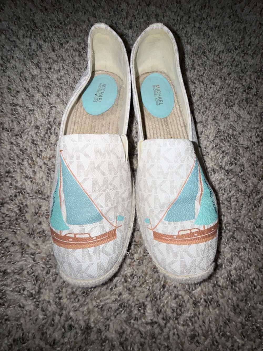 Michael Kors White Canvas Espadrilles with Aqua & Brown Sailboat Motif